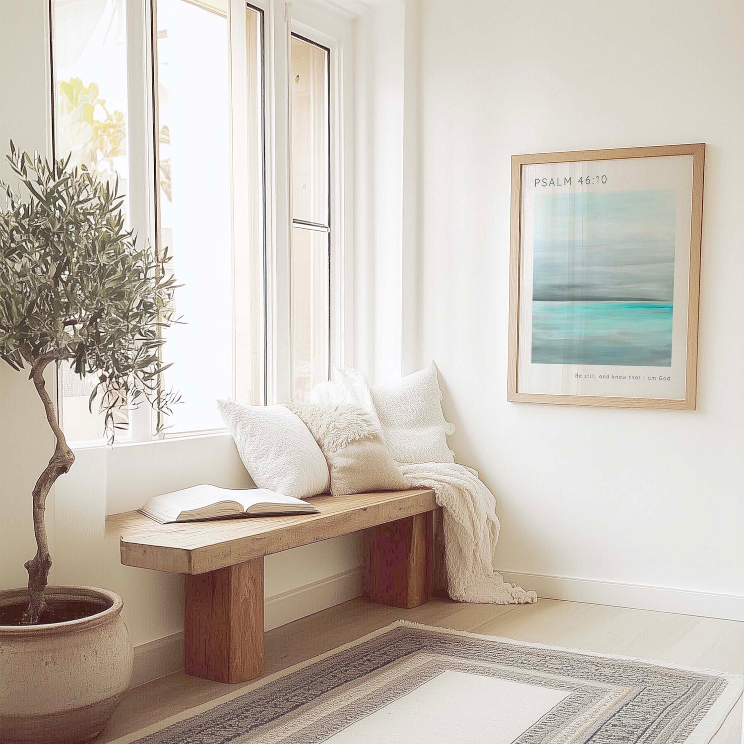 Be Still And Know That I Am God wall art with turquoise sea design and modern Christian font layout.