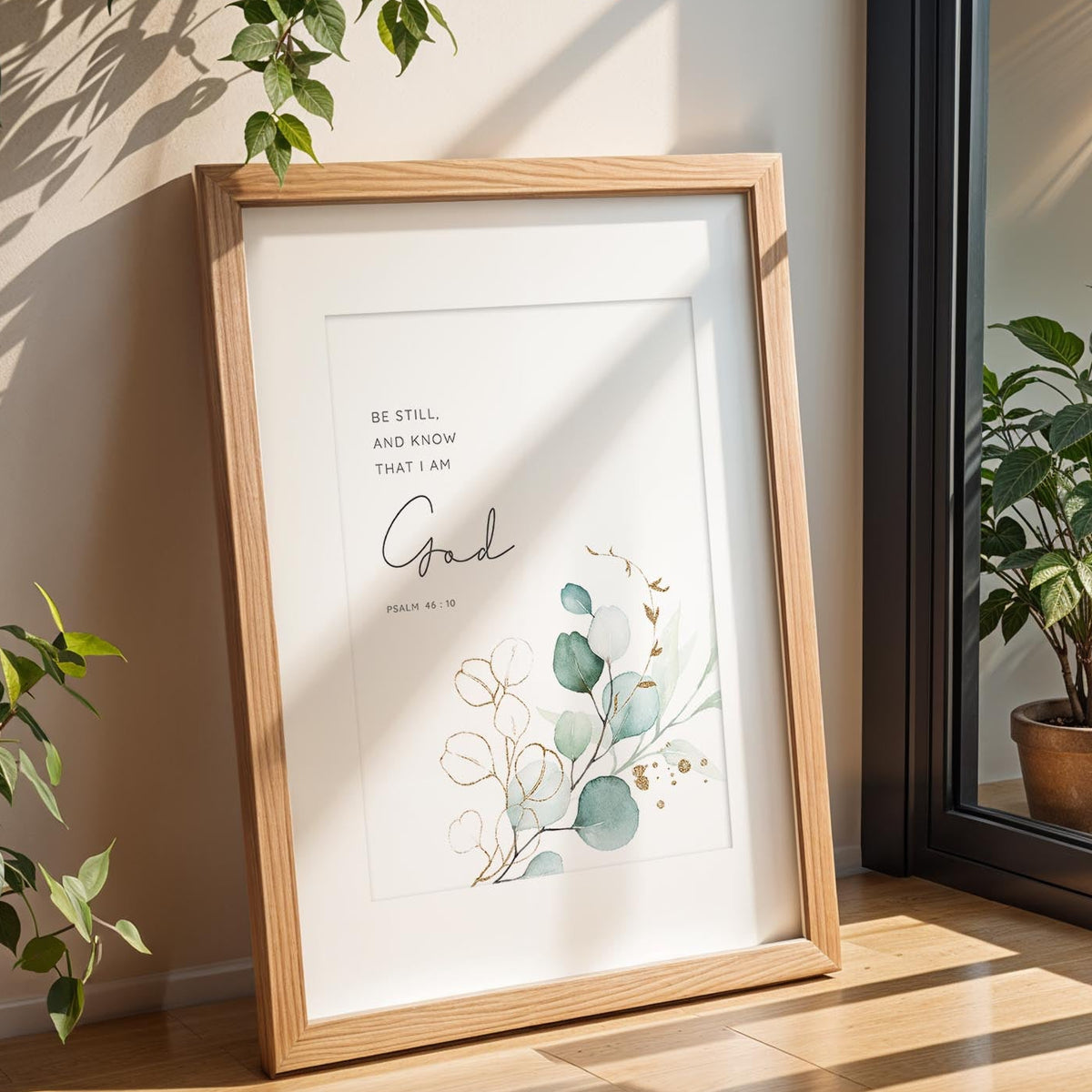 Neutral scripture print with peaceful message from Psalm 46:10 and delicate plants.