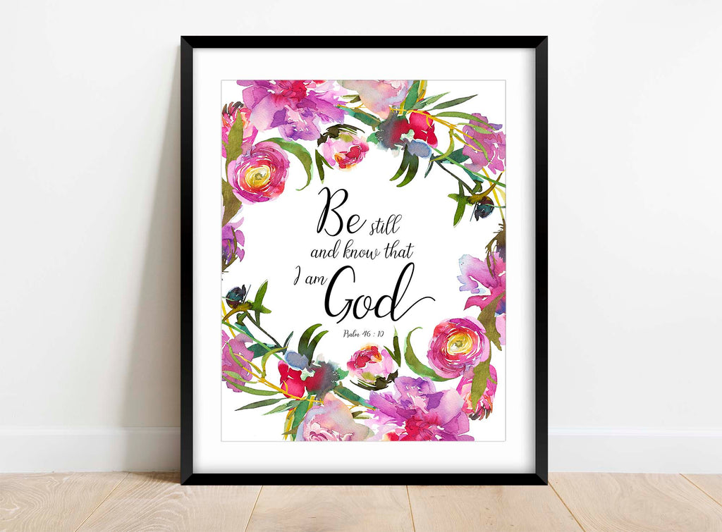 Tranquil pink and red watercolor art featuring Psalm 46:10, Biblical verse print in floral pink and red watercolor, be still bible verse