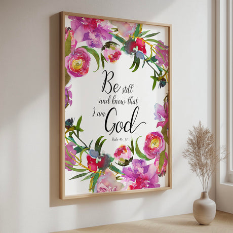 Be Still And Know That I Am God floral wall art print with pink and red watercolour flowers.