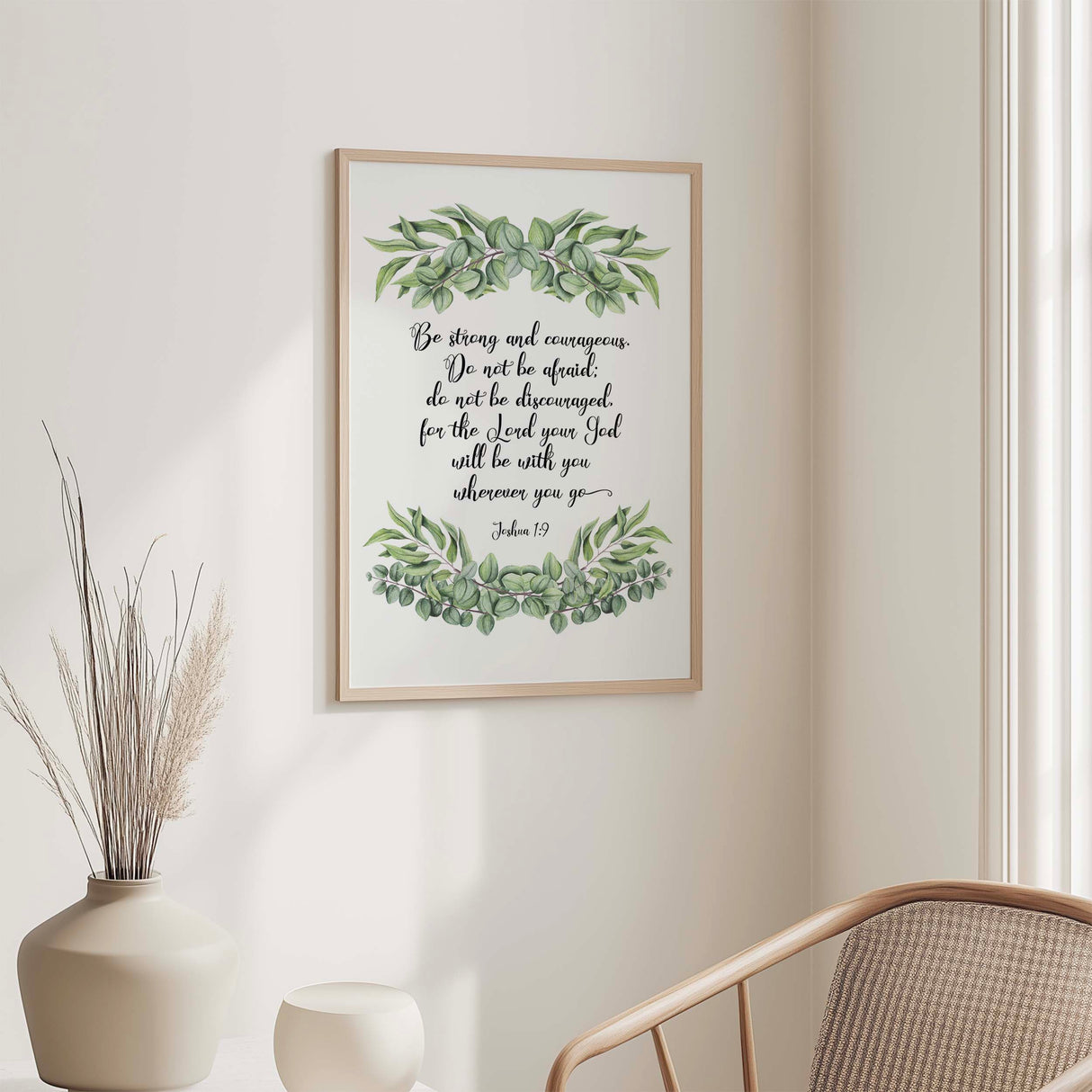 Christian wall art with Joshua 1:9 scripture surrounded by elegant vines and floral details.