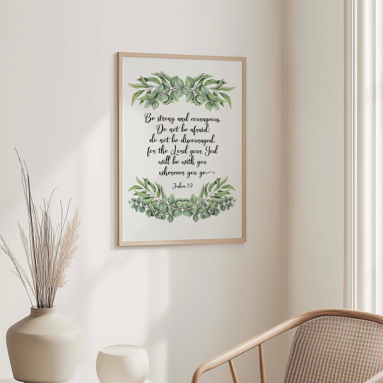 Christian wall art with Joshua 1:9 scripture surrounded by elegant vines and floral details.