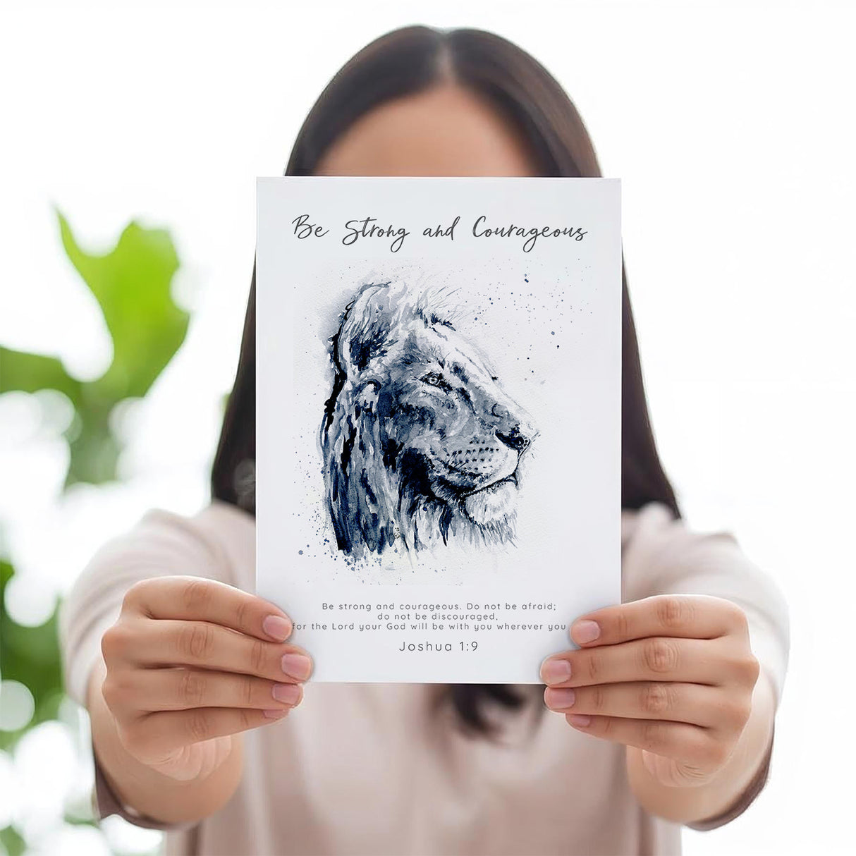 Joshua 1:9 – Watercolour lion Bible verse print symbolising courage and God’s strength.