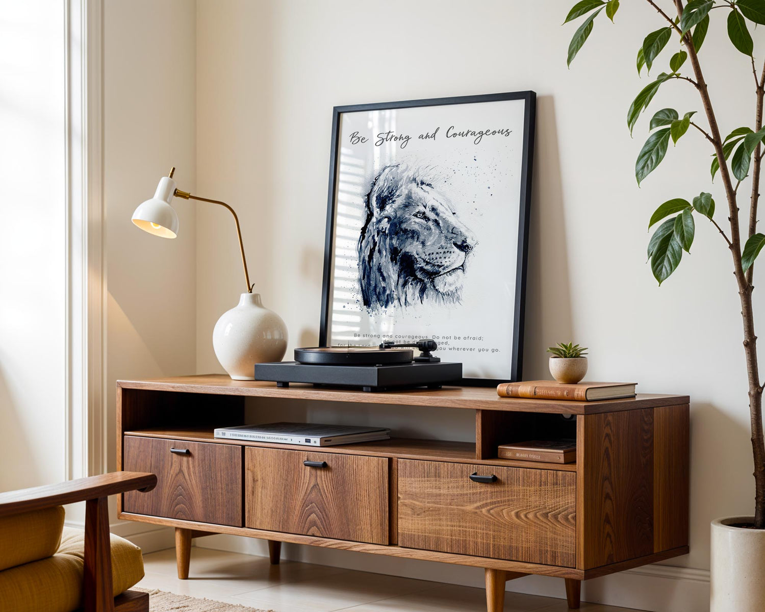 Majestic lion Christian art featuring “Be strong and courageous” scripture for inspiration.