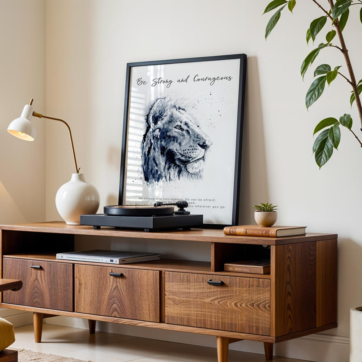Majestic lion Christian art featuring “Be strong and courageous” scripture for inspiration.