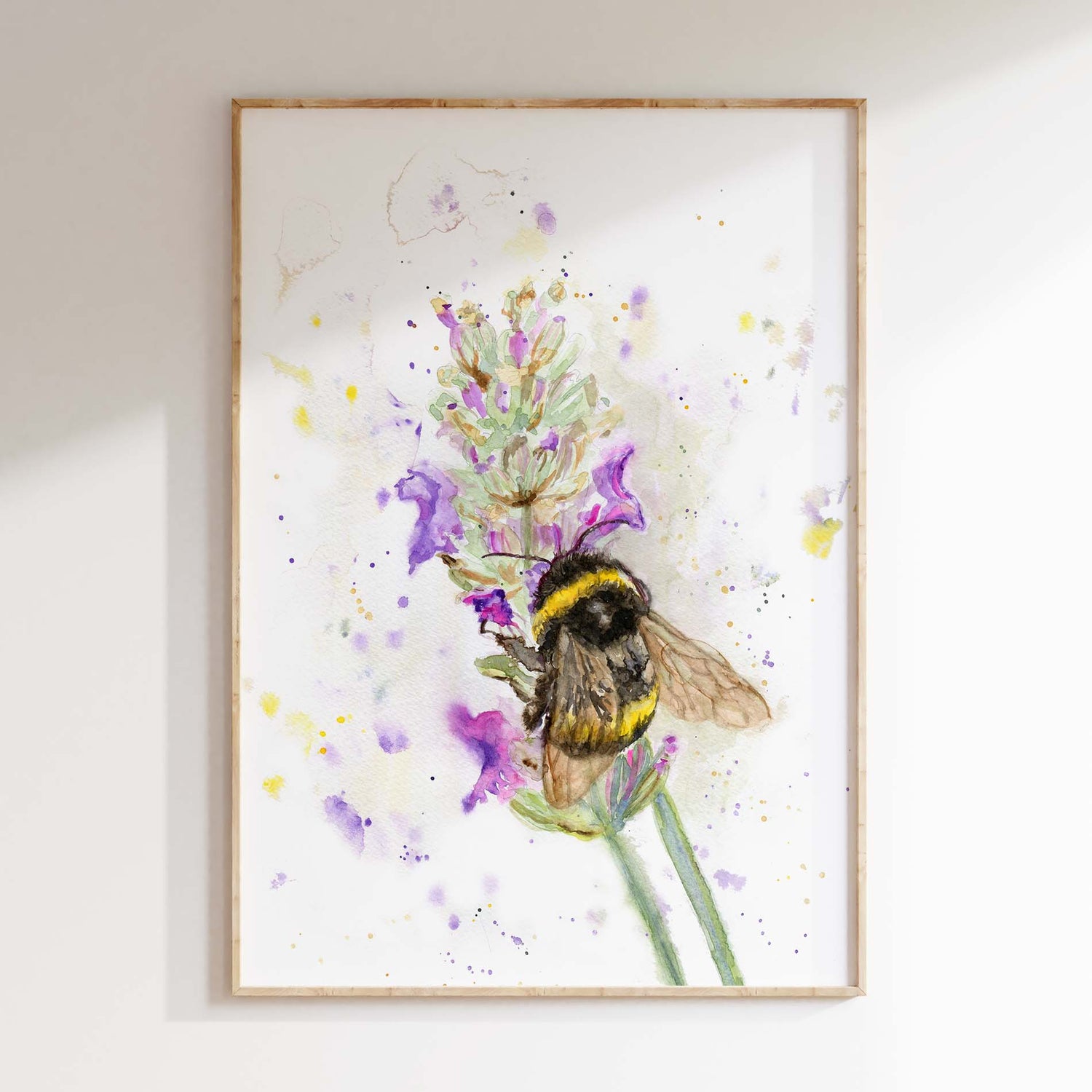 Contemporary bumblebee art print showing a bee close-up on a stem of lavender.