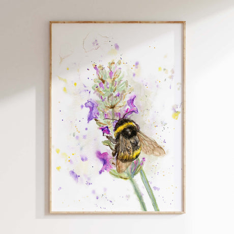 Contemporary bumblebee art print showing a bee close-up on a stem of lavender.