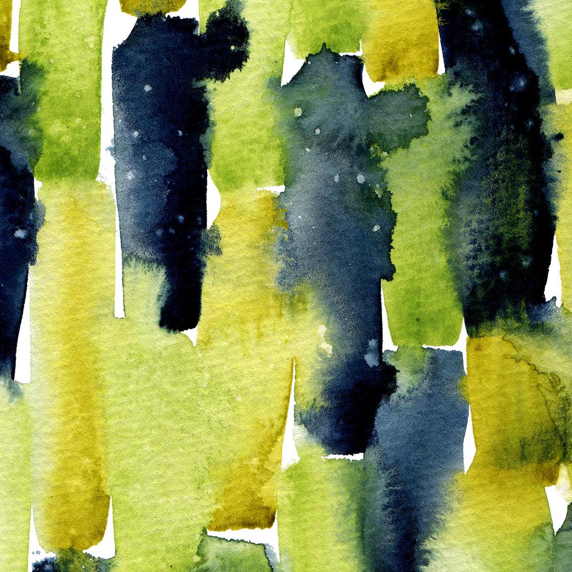 Abstract green and indigo wall art resembling light through leaves.