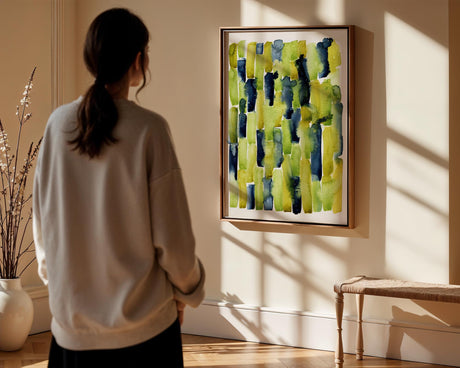 Watercolour painting with nature-inspired vertical green stripes.