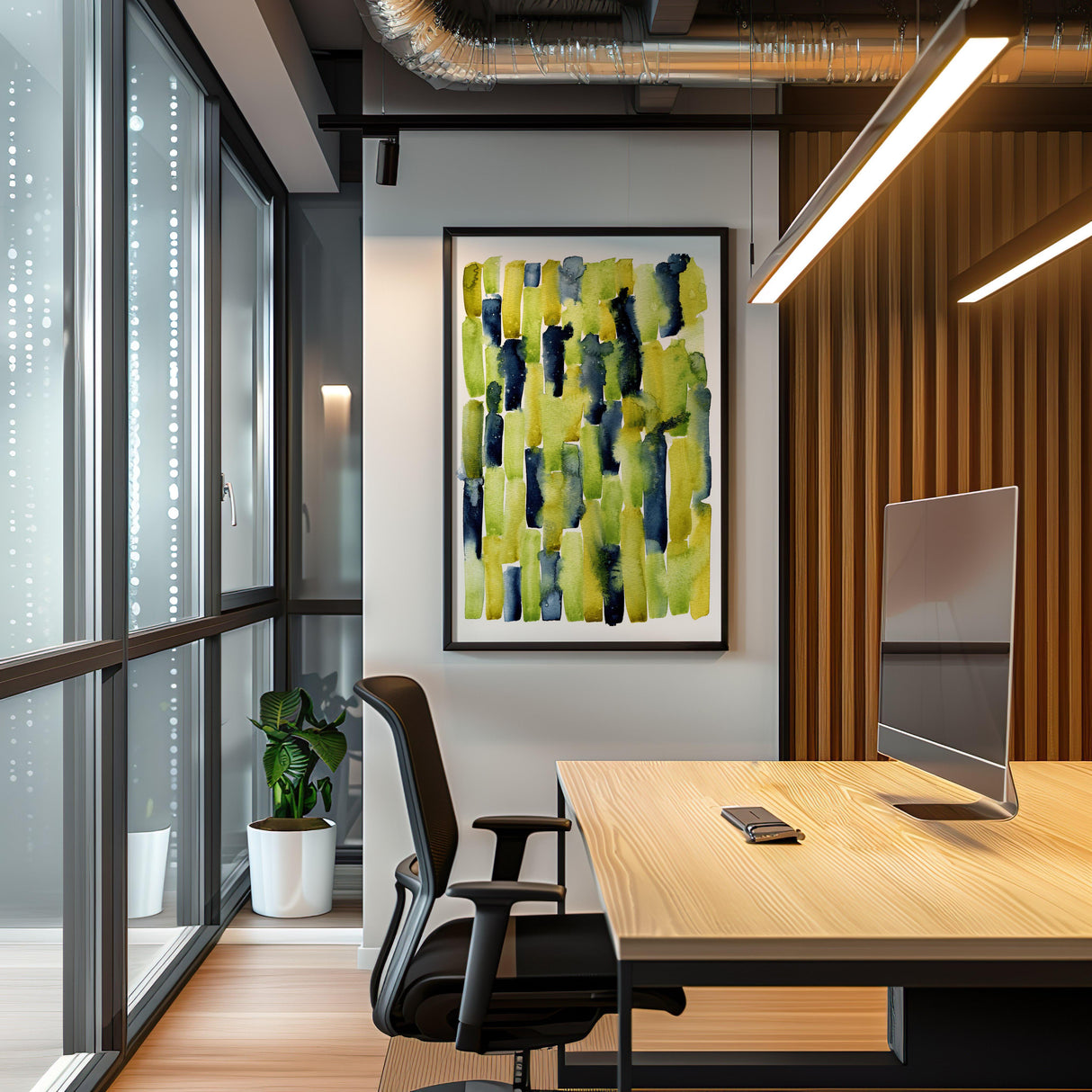 Vertical abstract watercolour art in fresh green, indigo and golden yellow.