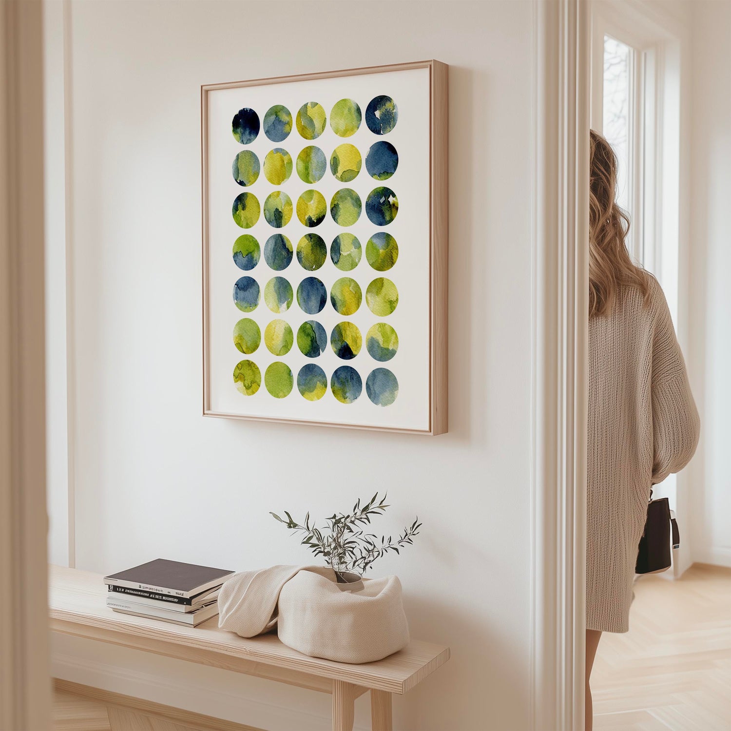 Abstract portrait art print of green, yellow and indigo watercolour circles on a white background.