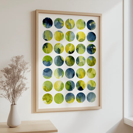 Between The Lines art print with neat grid of colourful watercolour circles.