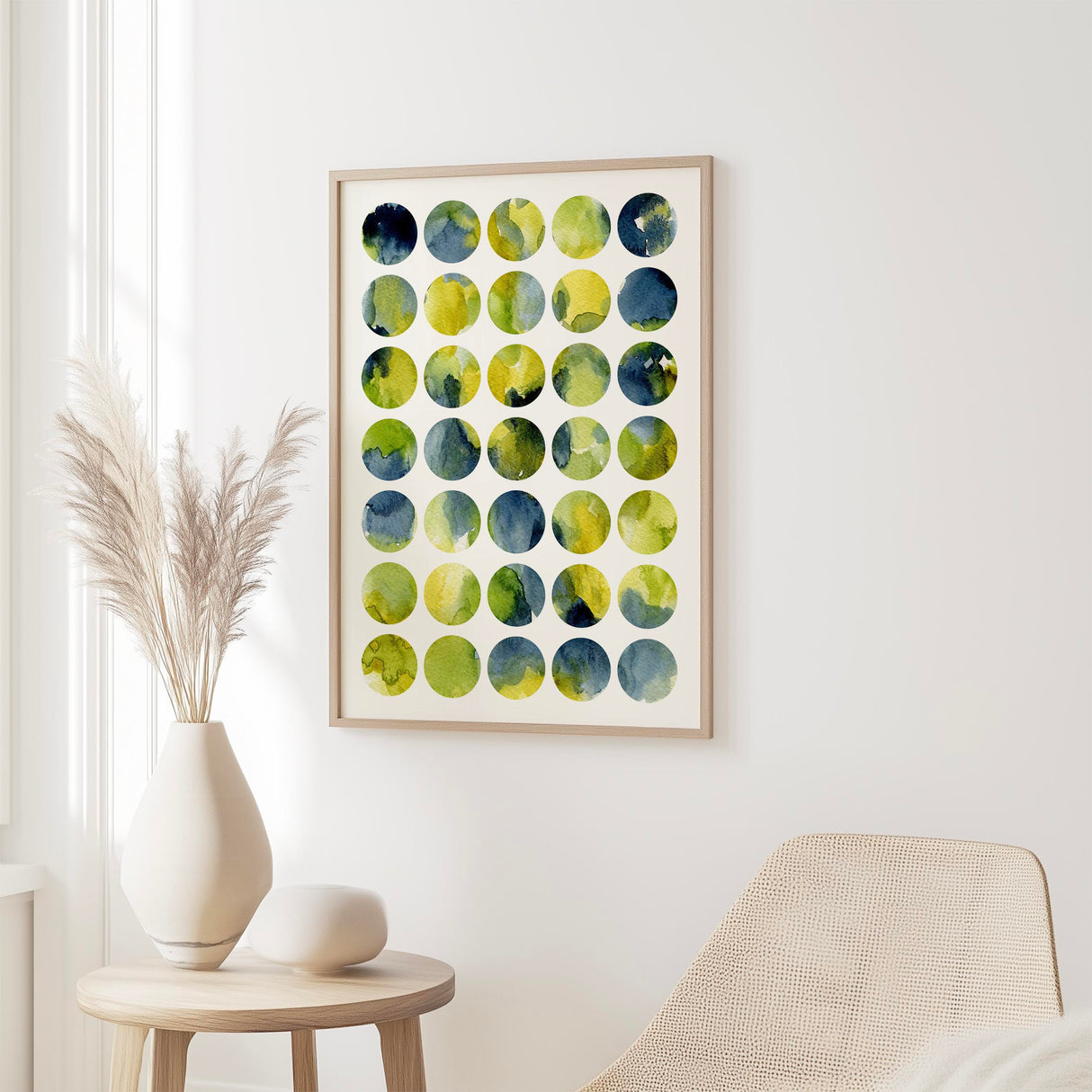 Portrait print of abstract watercolour circles in greens, yellows, and blues.