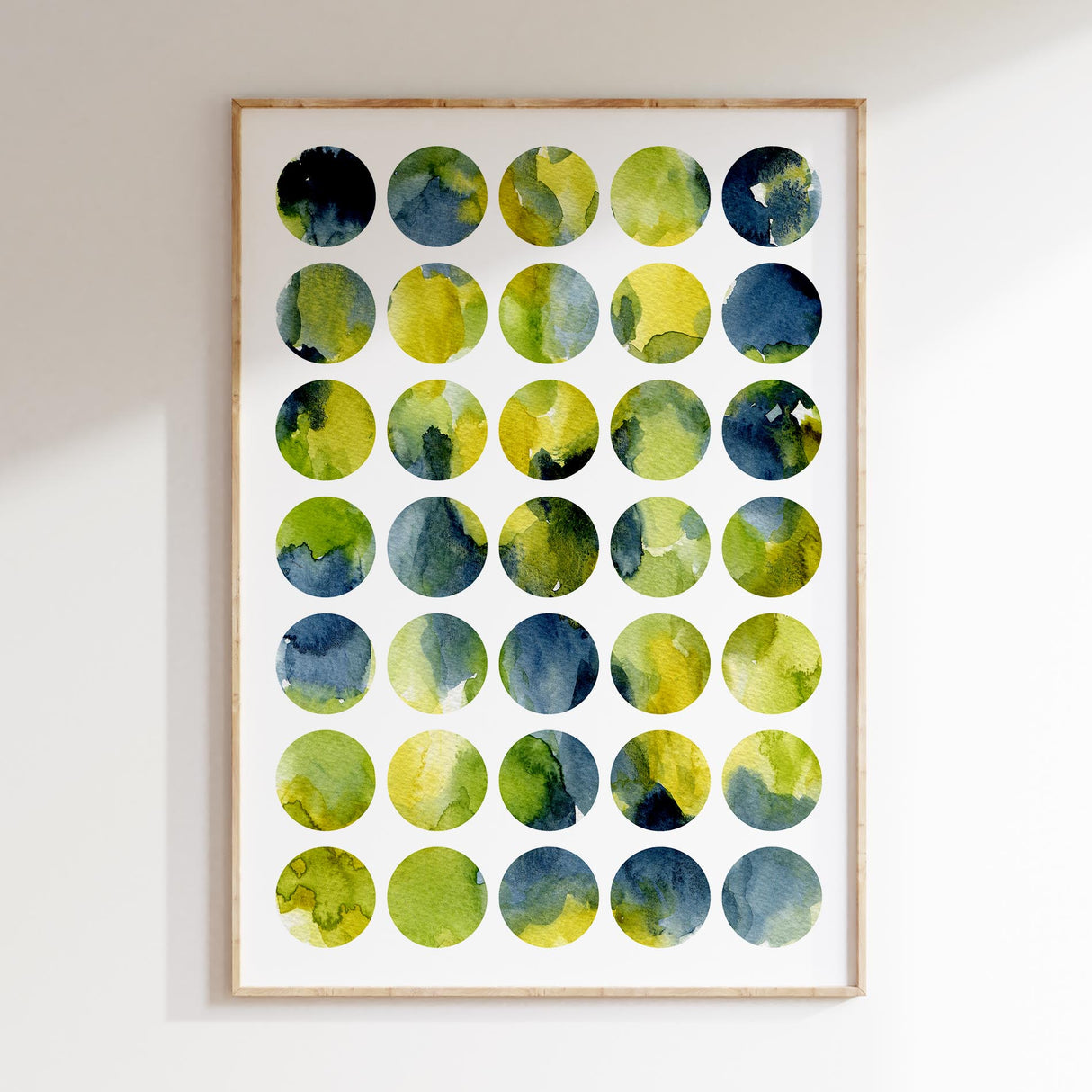 Abstract art print with structured grid of soft watercolour circles.