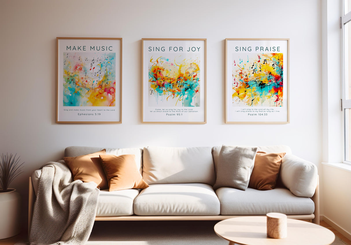 Set of 3 Christian music-themed Bible verse prints featuring Ephesians 5:19, Psalm 95:1, and Psalm 104:33 with vibrant abstract motifs.