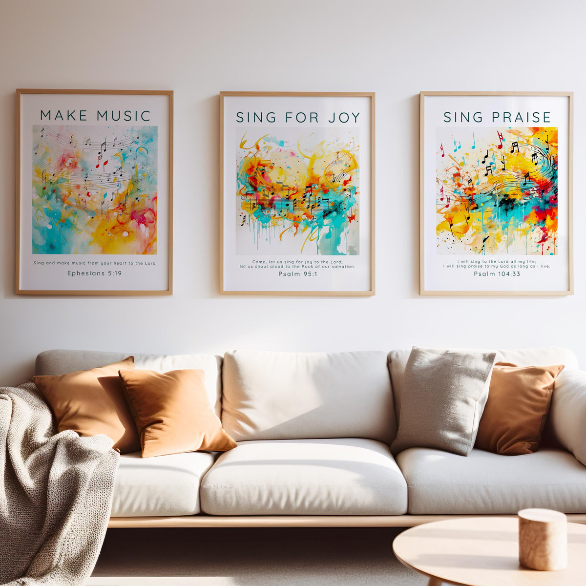 Set of 3 Christian music-themed Bible verse prints featuring Ephesians 5:19, Psalm 95:1, and Psalm 104:33 with vibrant abstract motifs.