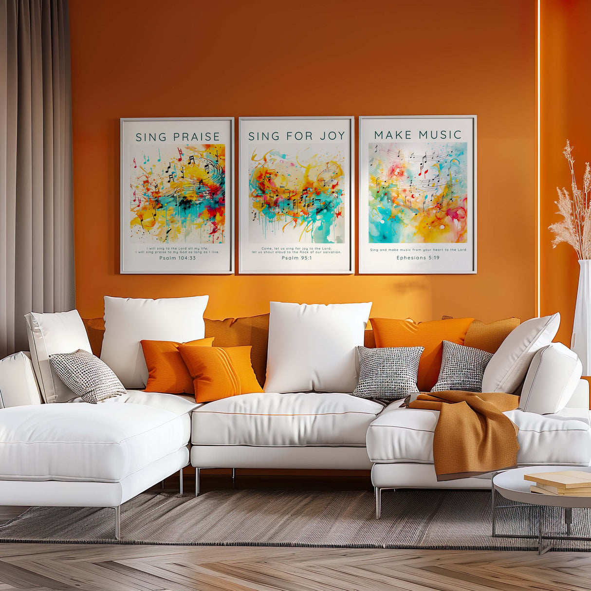 Modern Scripture wall art trio with musical motifs in blue, yellow, and red, celebrating praise and worship through Bible verses.