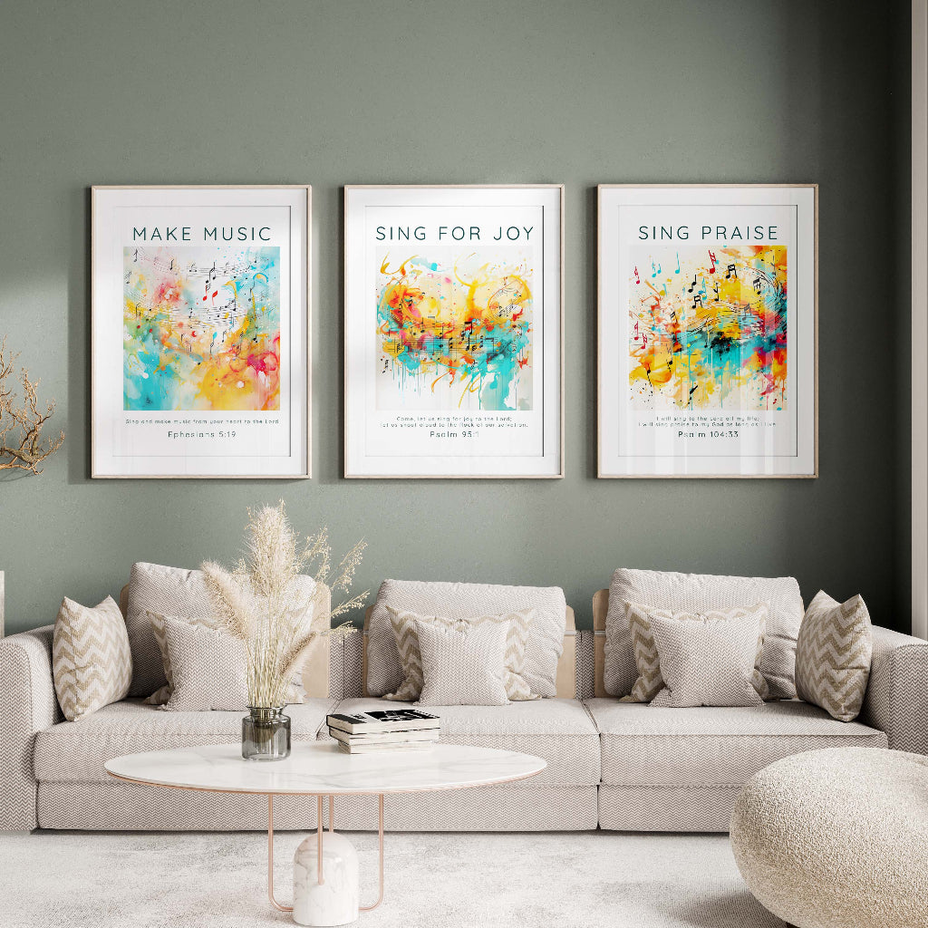 Psalm 95:1 abstract music print, Bible verse wall art in blues, Psalm 104:33 Christian home decor, Abstract music motifs in yellows