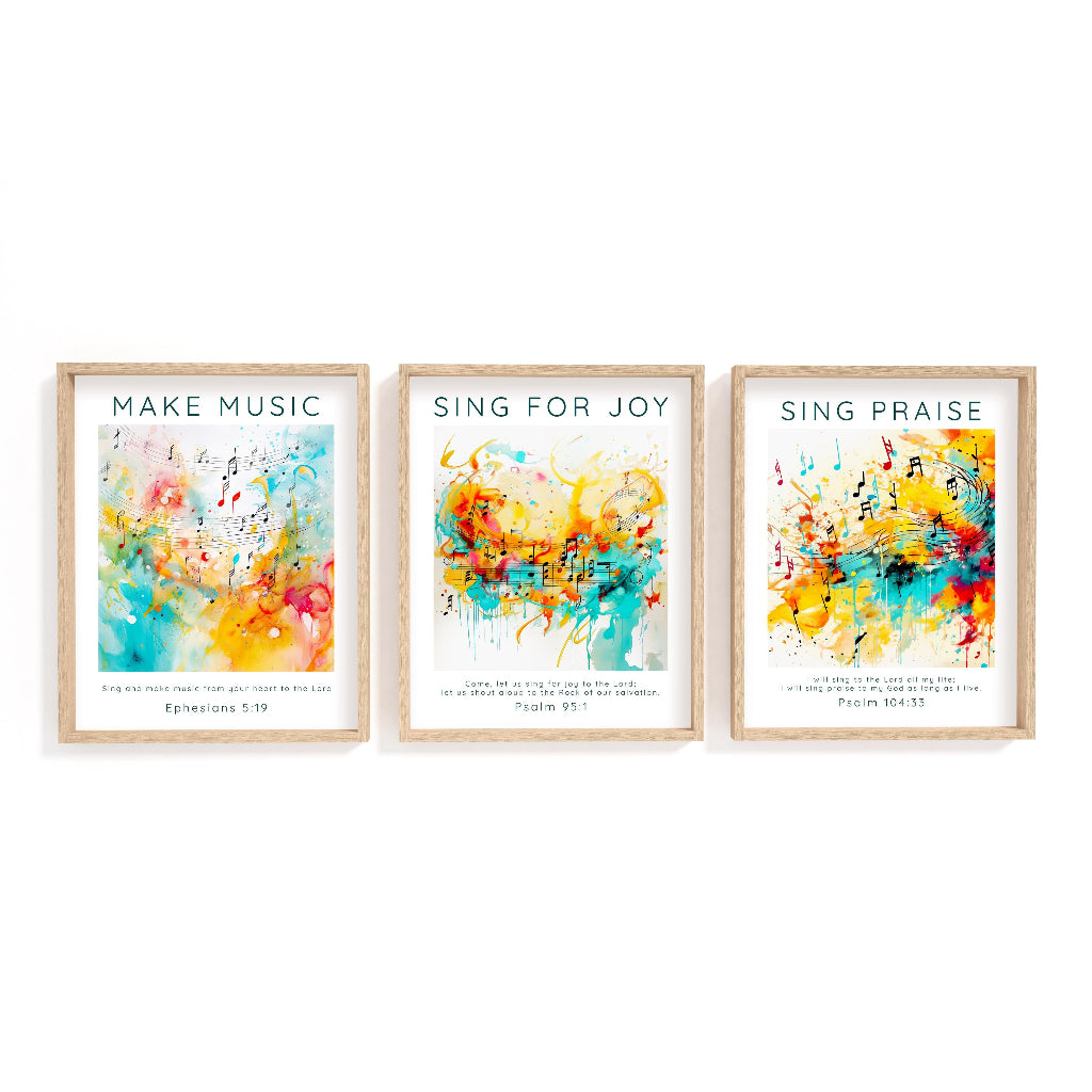 Inspirational Christian print set with music and faith themes, showcasing verses about singing to the Lord in dynamic watercolor designs.
