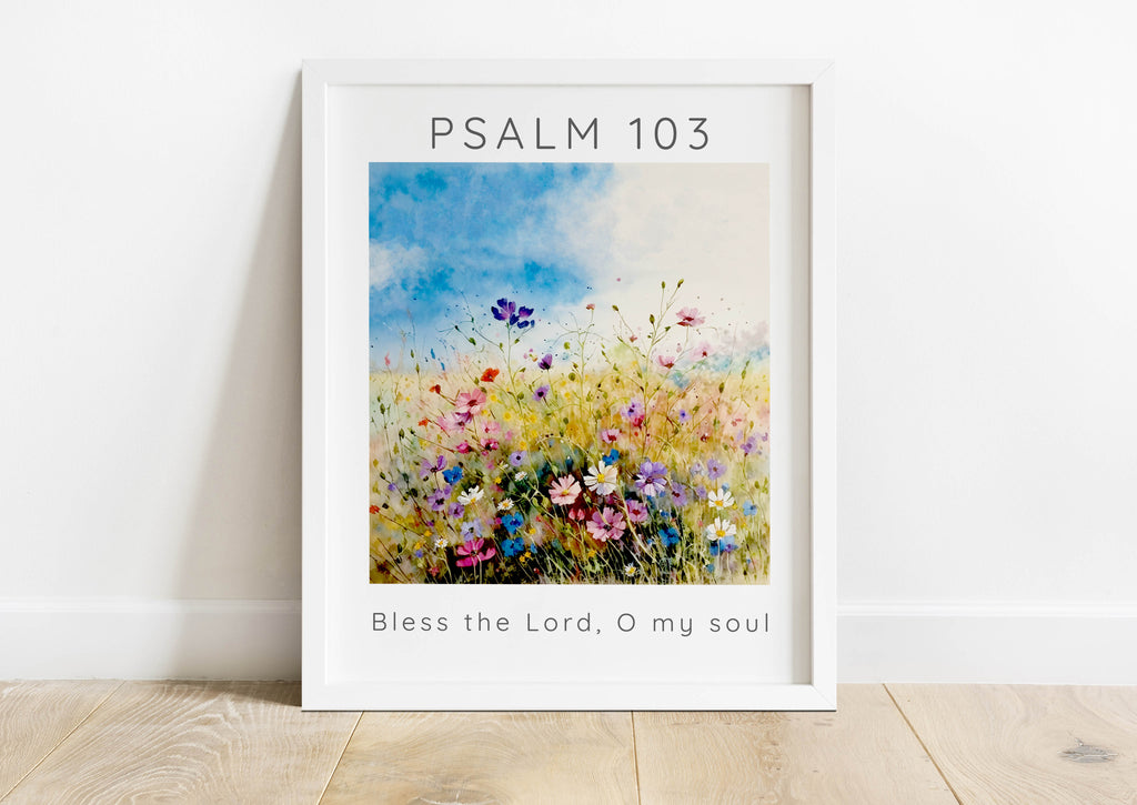 Psalm 103 Verse in Wildflower Meadow Setting, Bless The Lord O My Soul Art Print, Serene Meadow Landscape Christian Wall Art