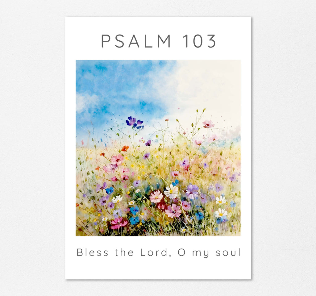 Bible Verse Print with Modern Meadow Aesthetics, Faith-Inspired Wildflower Meadow Wall Art, Modern Psalm 103 Verse Home Decor