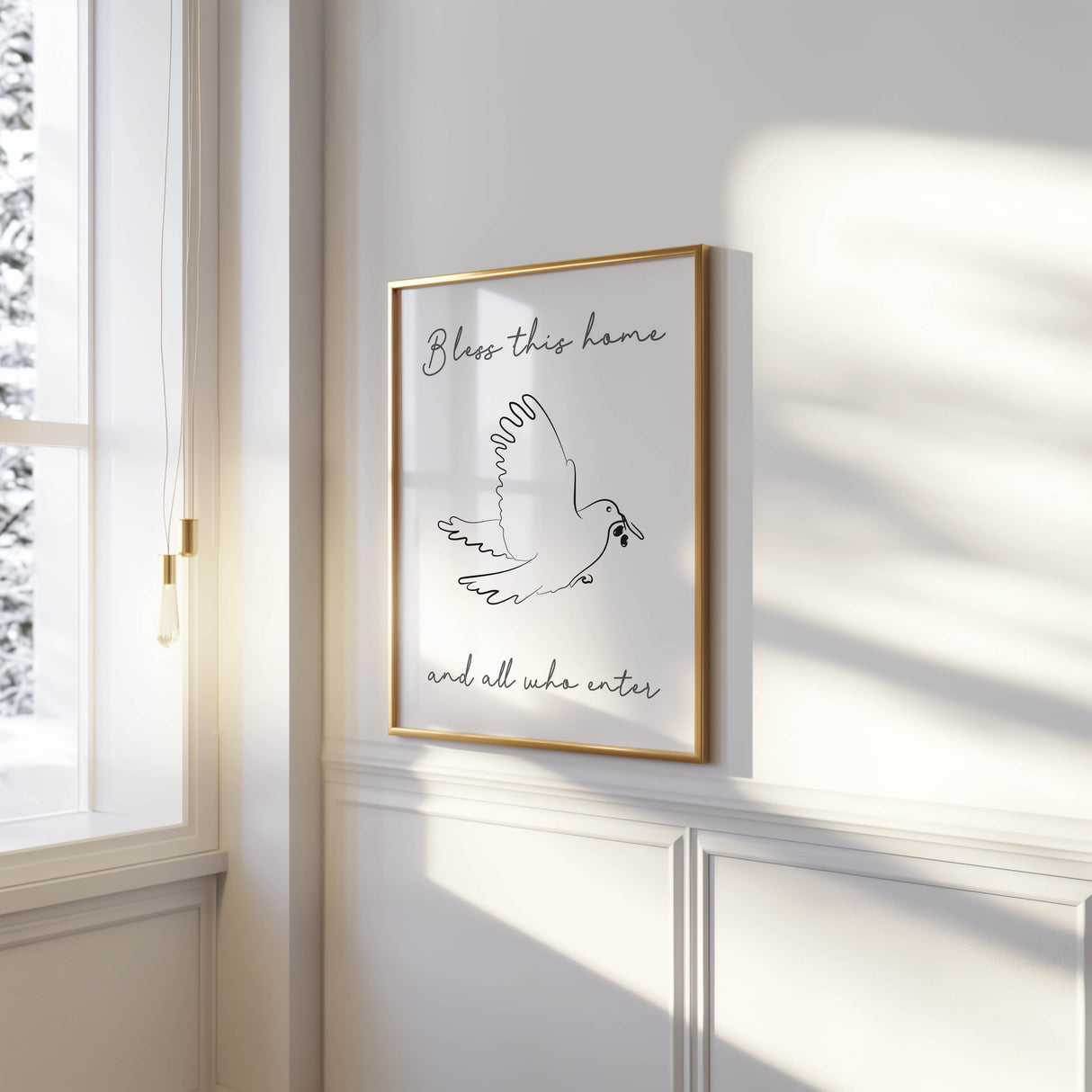 A detailed line art illustration of a dove gracefully carrying an olive branch, with the words “Bless this home and all who enter it” beneath. Inspired by the story of Noah’s Ark.