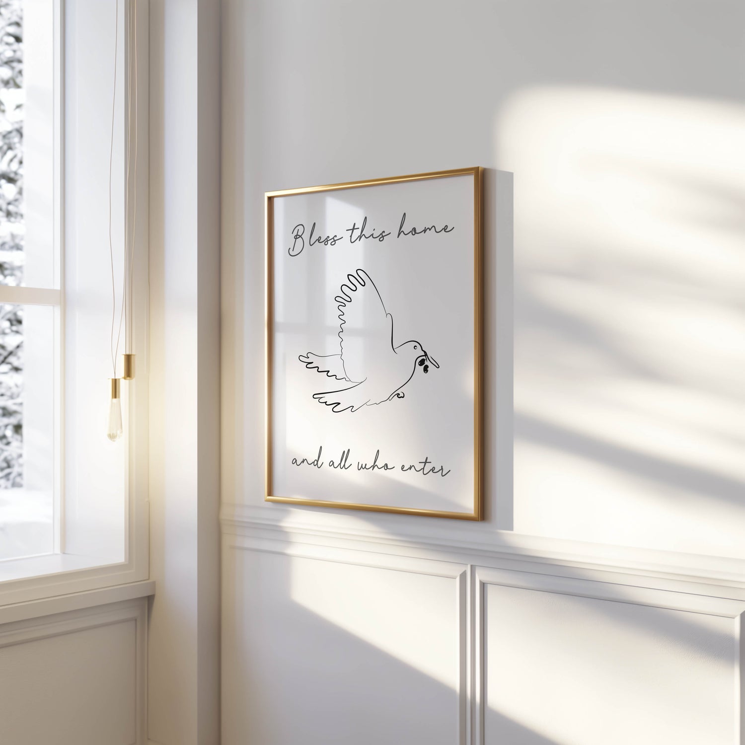 A detailed line art illustration of a dove gracefully carrying an olive branch, with the words “Bless this home and all who enter it” beneath. Inspired by the story of Noah’s Ark.
