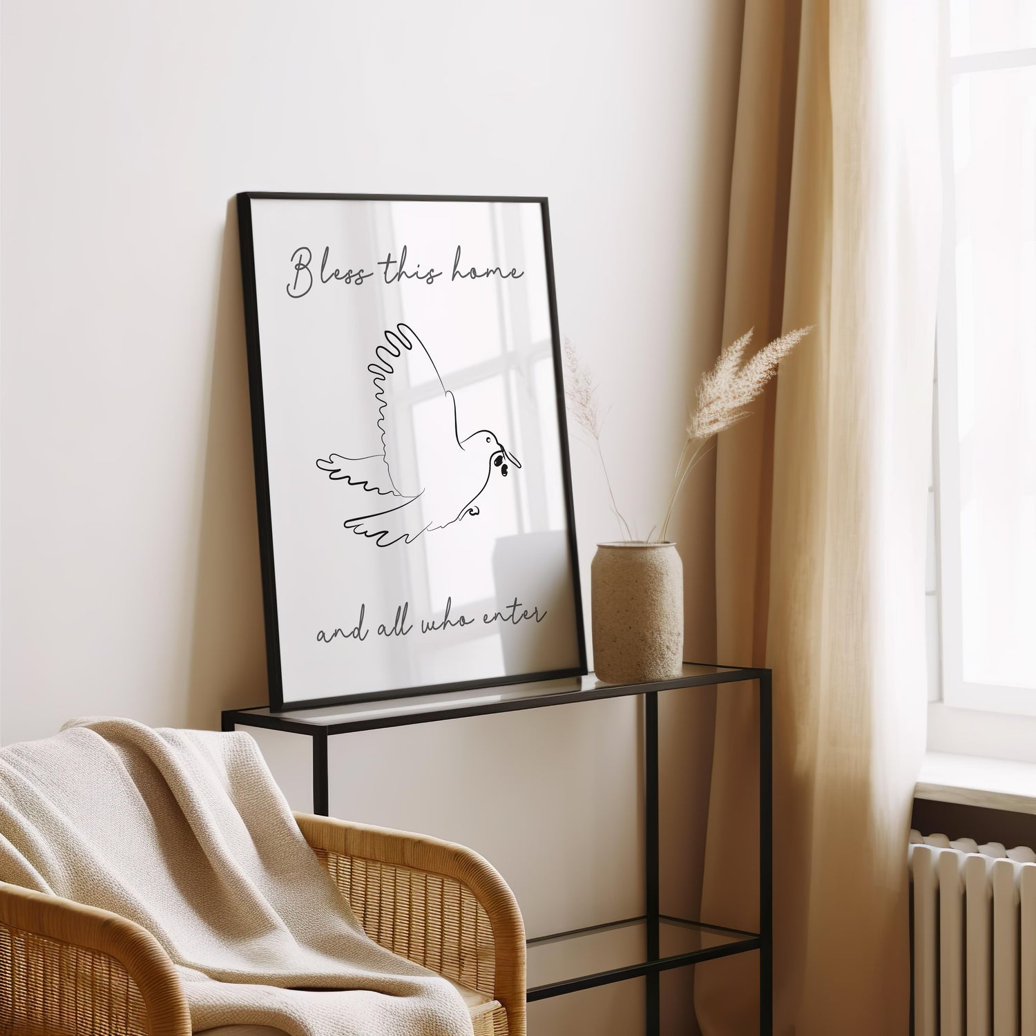 Graceful dove in fine line art holding an olive branch, symbolizing peace and hope. The print includes the blessing “Bless this home and all who enter it,” referencing Noah’s Ark.