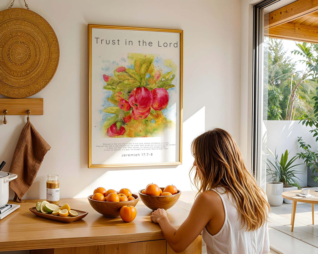 Jeremiah 17:7-8 Bible verse print with a flourishing tree and a message of spiritual strength.