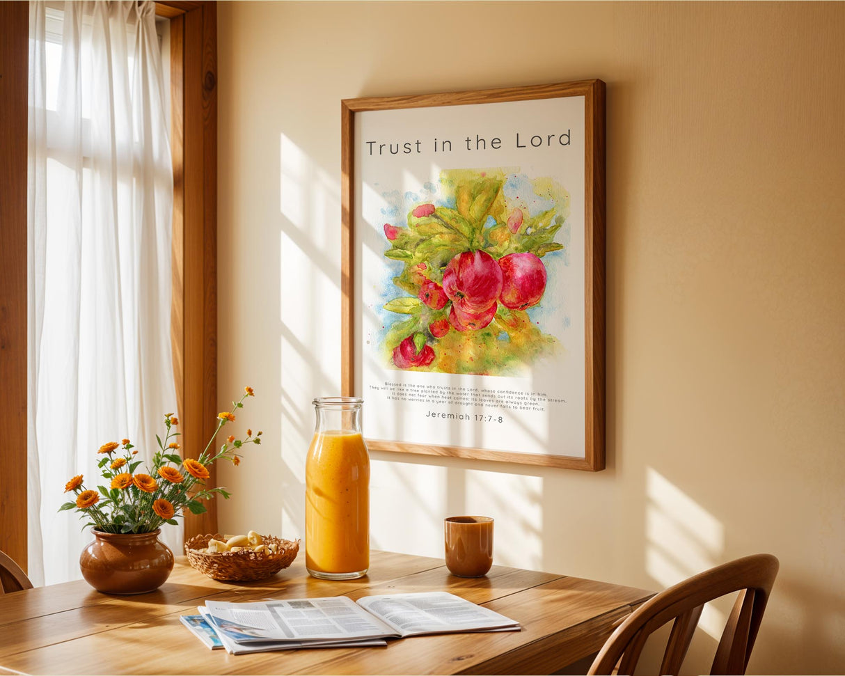 Watercolour Bible verse print with vibrant apples growing on a flourishing tree - Christian Kitchen Art