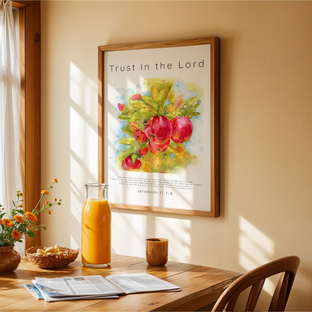 Watercolour Bible verse print with vibrant apples growing on a flourishing tree - Christian Kitchen Art