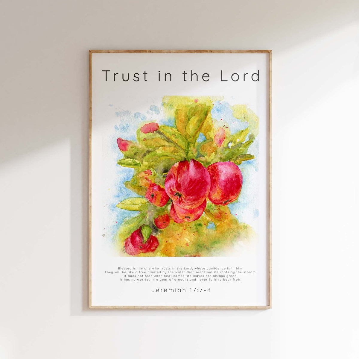 Trust in the Lord Scripture Wall Art, Jeremiah 17 7 8 Bible Verse, Vibrant apple tree watercolour print, apple orchard art