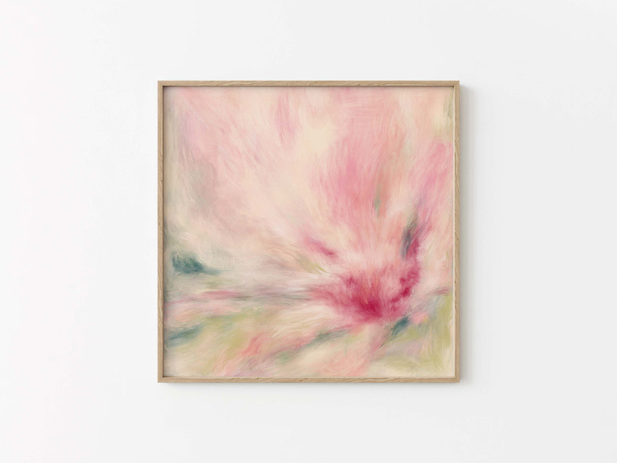Square canvas art featuring a blooming flower motif in pastel colours.