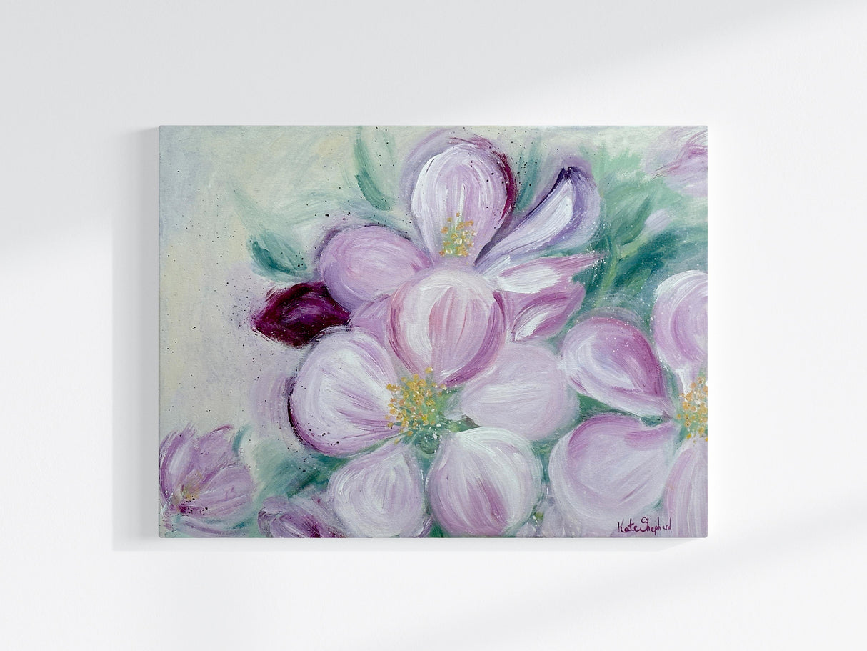 Acrylic painting of cherry blossoms in soft pinks, yellows, and greens, hand-painted by Kate Shephard.