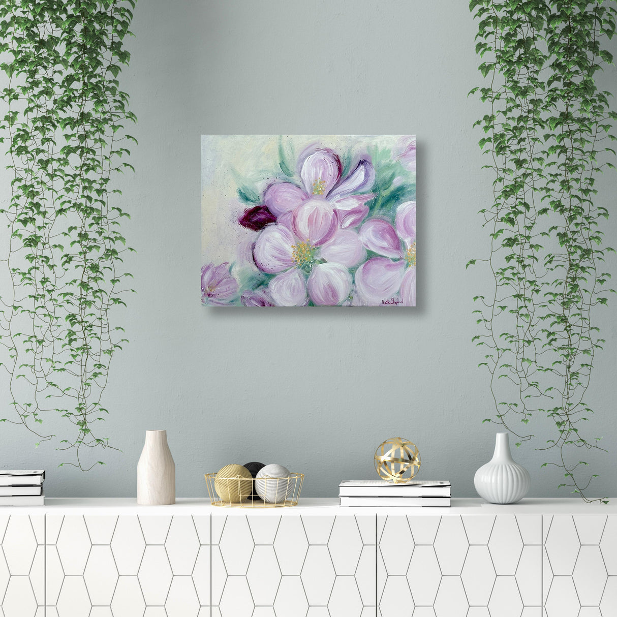 ‘Blush and Bloom’ – A delicate floral acrylic painting capturing cherry blossoms in full bloom.