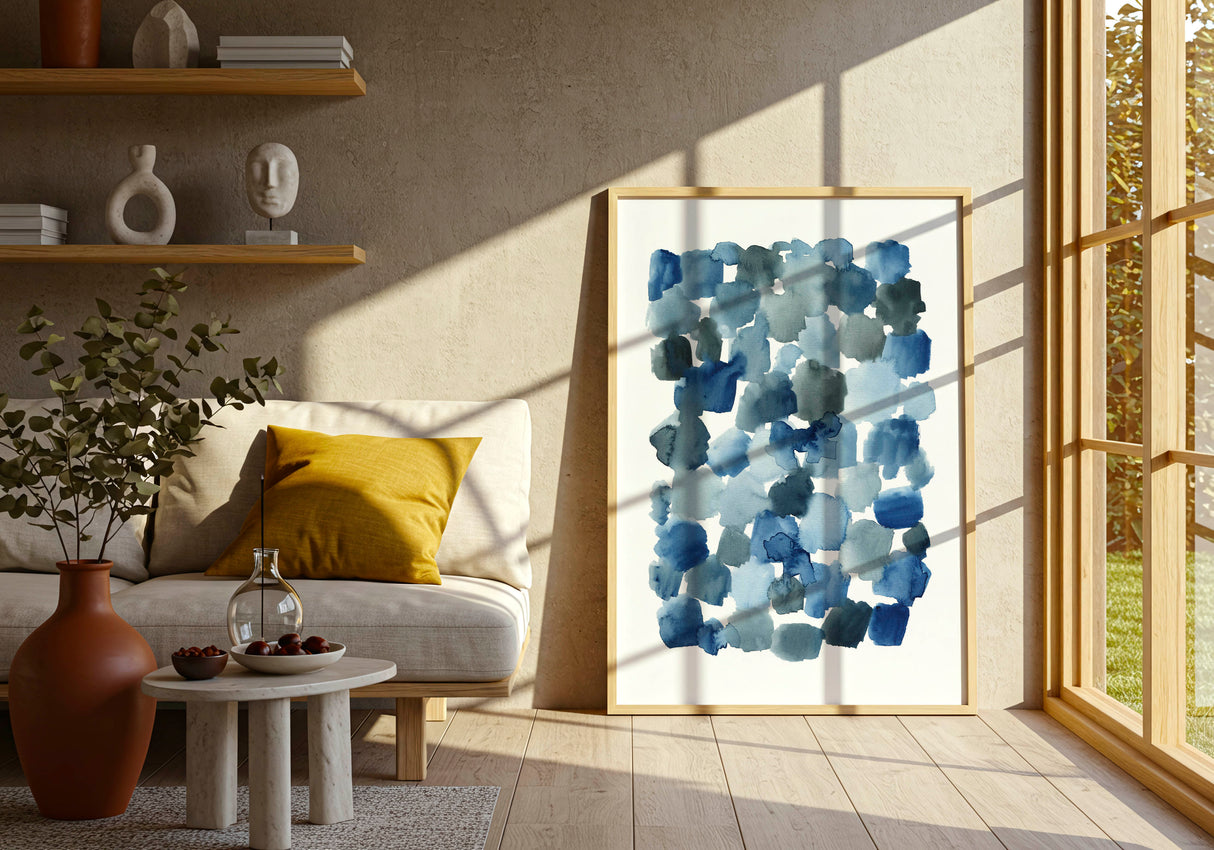 Blue watercolour abstract print in indigo tones — Twilight Drift wall art print for modern minimalist home decor
