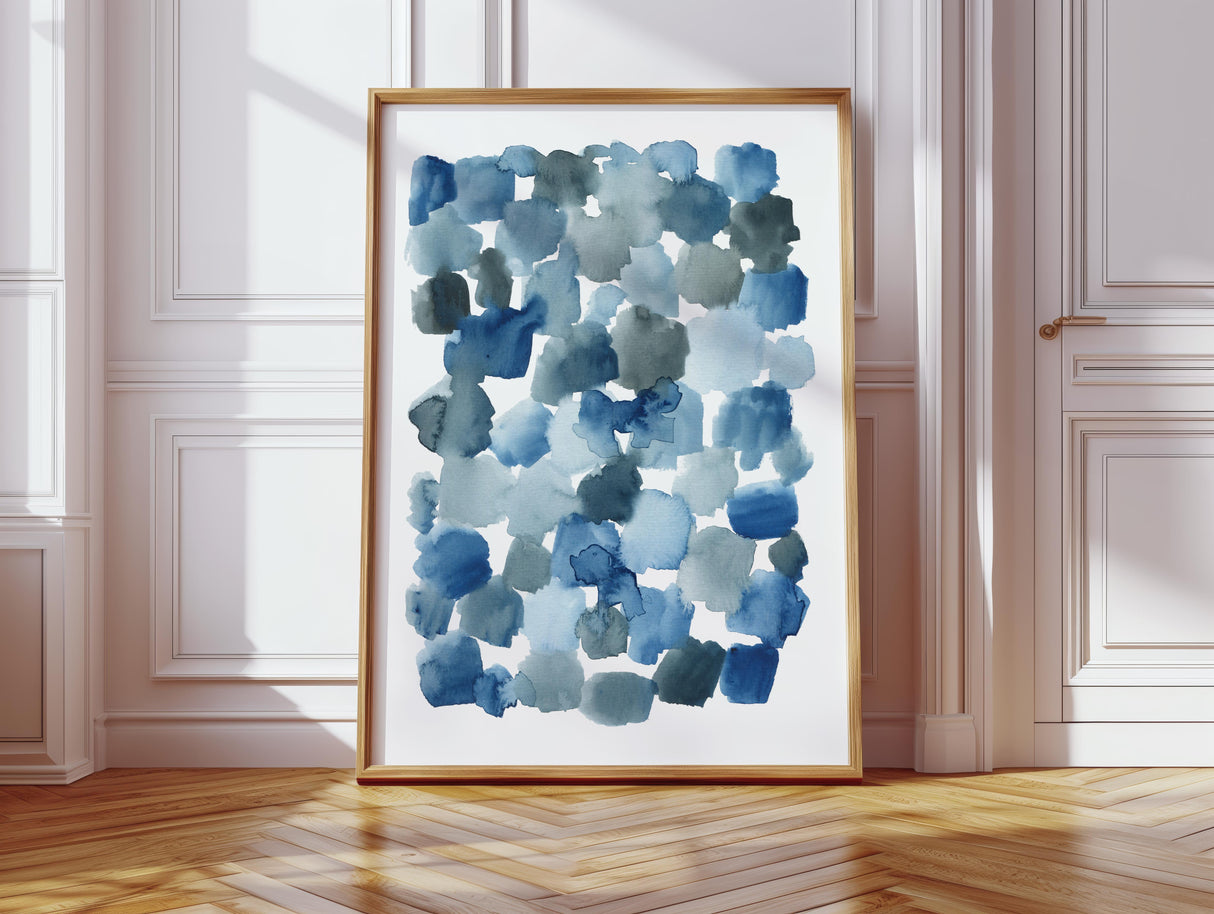 Stylish and serene abstract print with soft indigo watercolor elements.