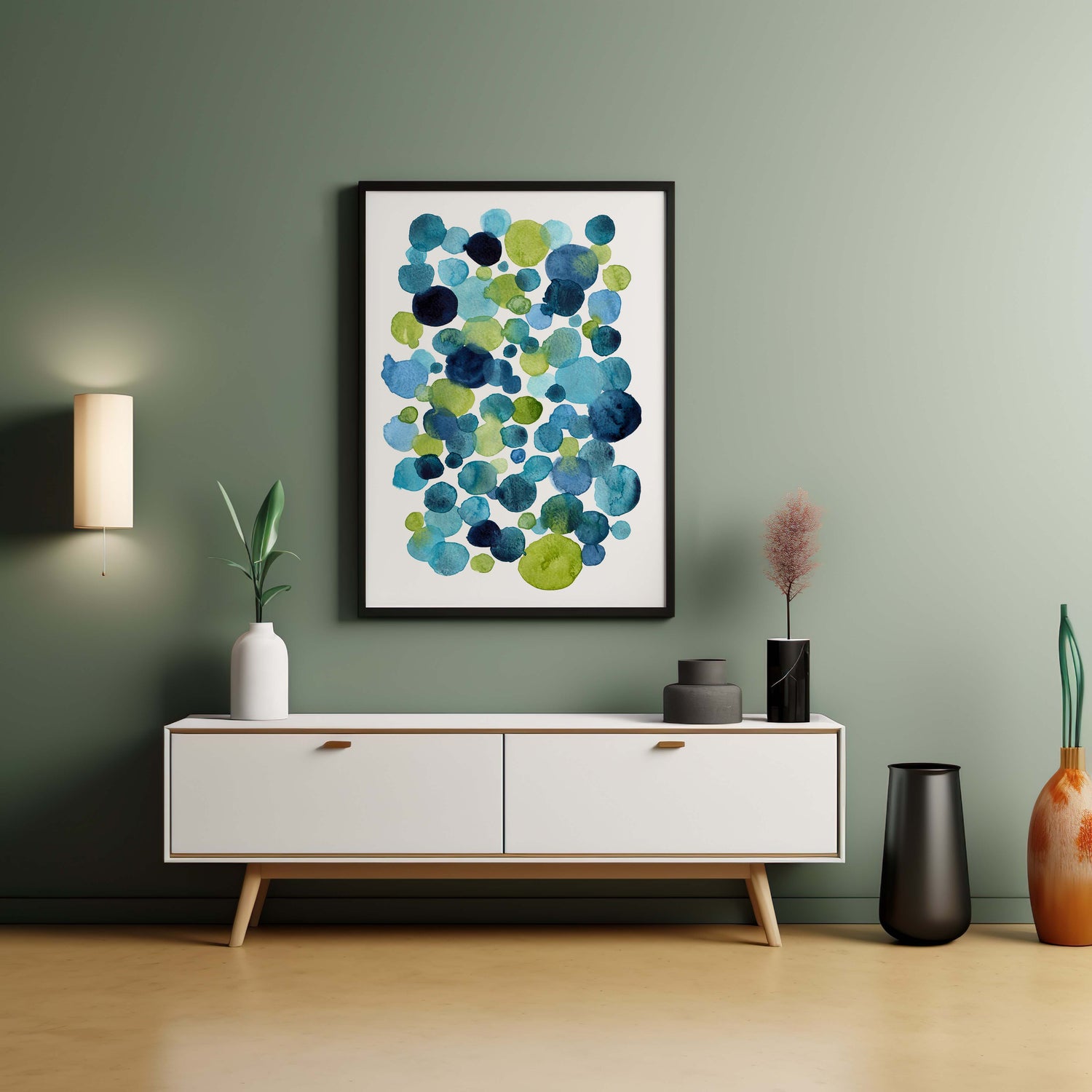 Modern hand-painted watercolor print with playful overlapping circles.