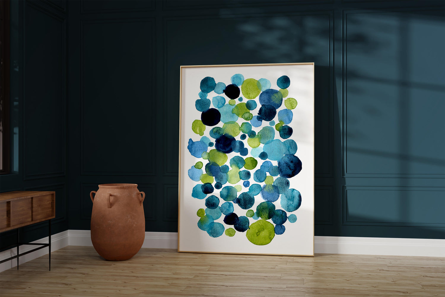 A fresh and whimsical abstract watercolor painting in blue and green.