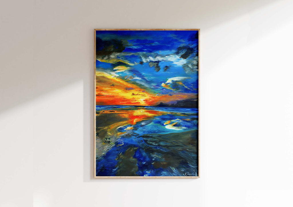Coastal sunset print with calming blue and warm orange hues, Contemporary living room sunset painting print in blue and orange