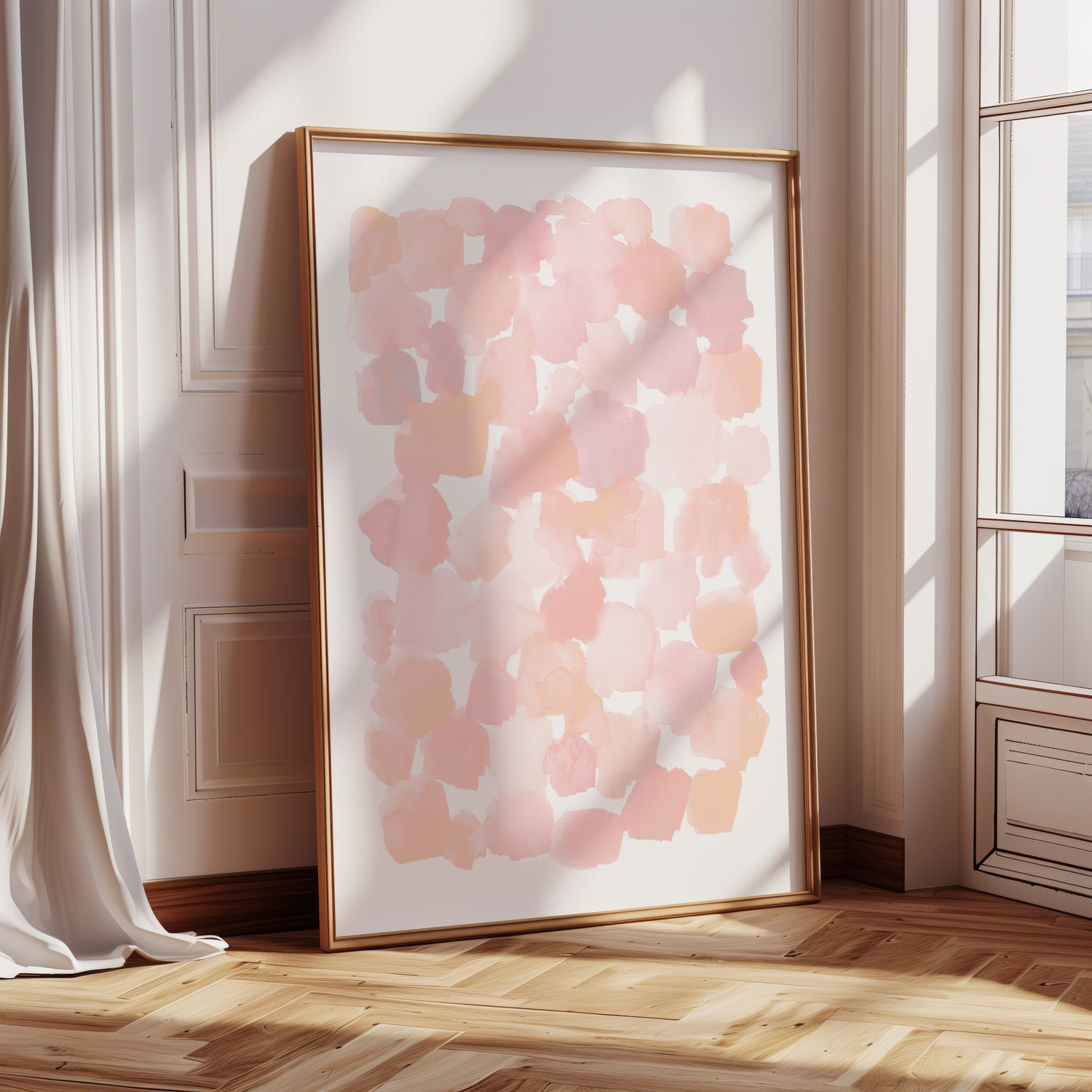 Artistic watercolor design with fluid pink shapes, ideal for a calming atmosphere.