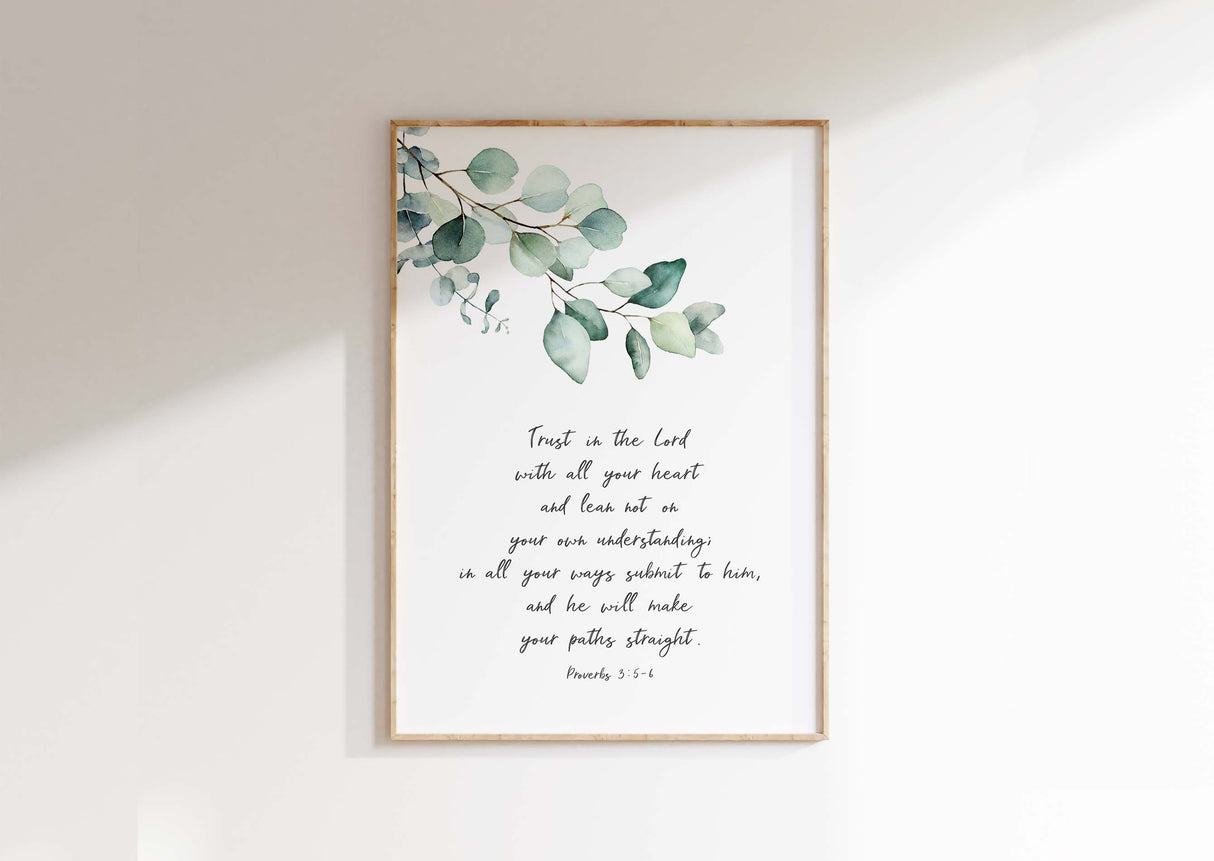Proverbs 3:5-6 wall art print with lush botanical greenery and elegant Christian scripture