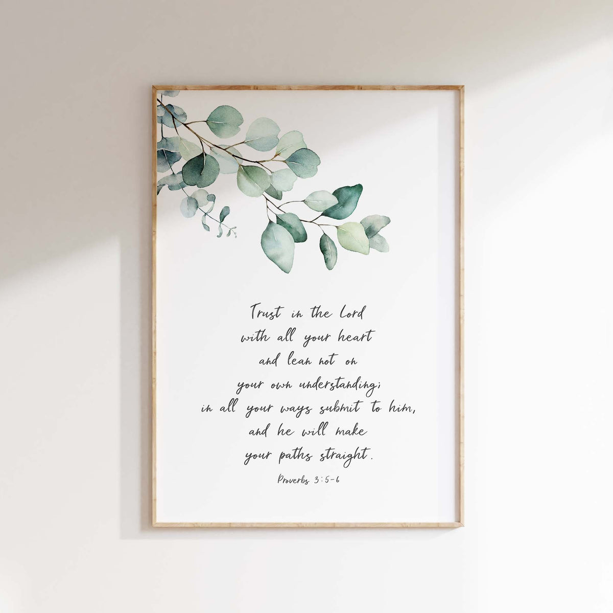 Proverbs 3:5-6 wall art print with lush botanical greenery and elegant Christian scripture