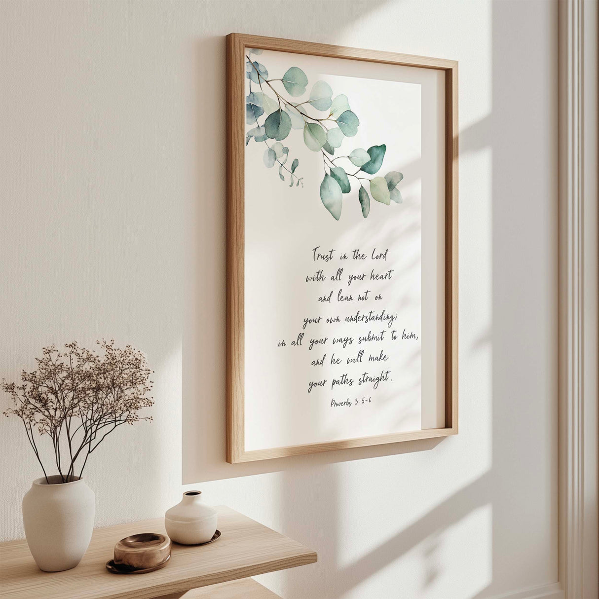 Faith-inspired Proverbs 3:5-6 print featuring elegant script and botanical greenery accents