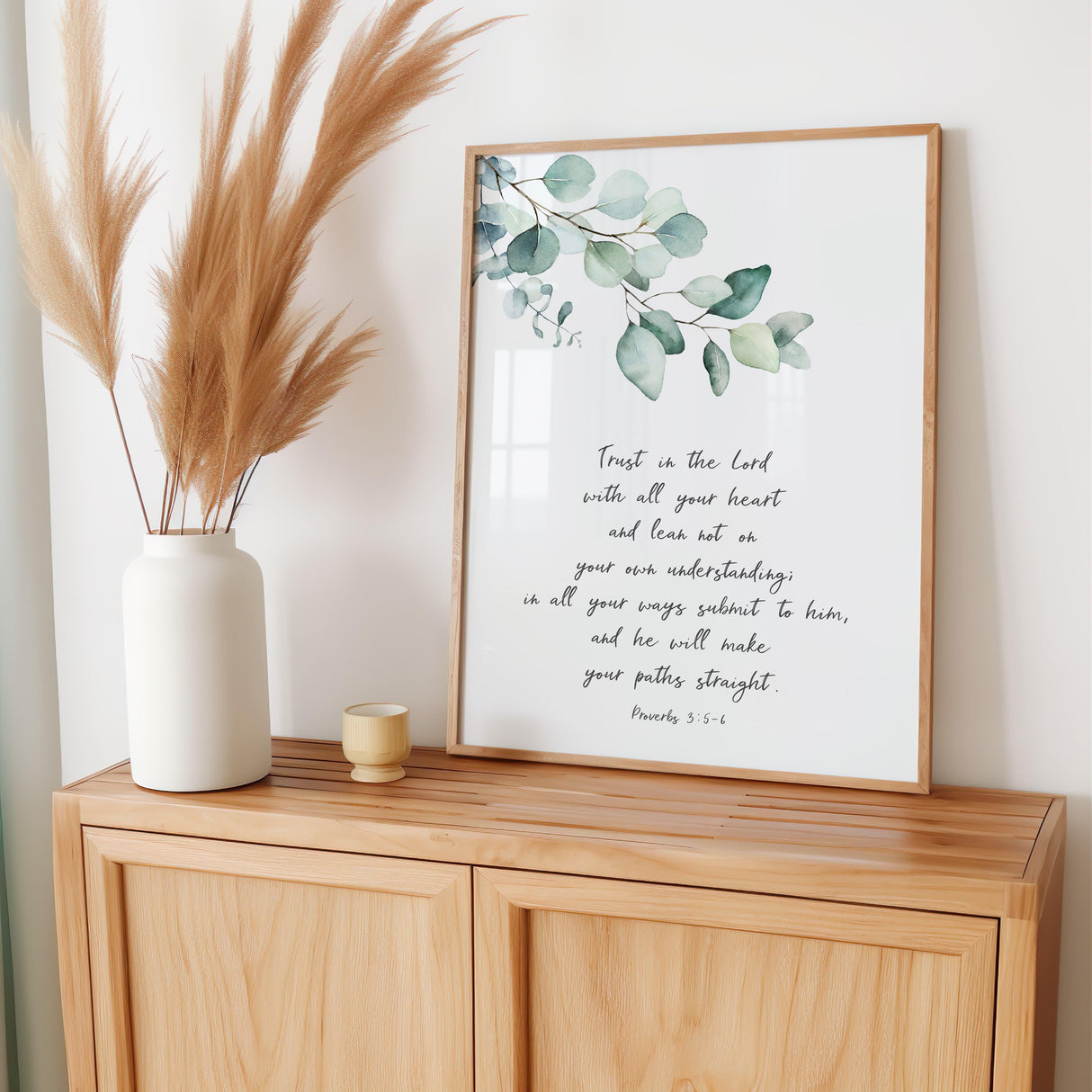 Christian botanical wall print with Proverbs 3:5-6 verse, greenery and modern typography