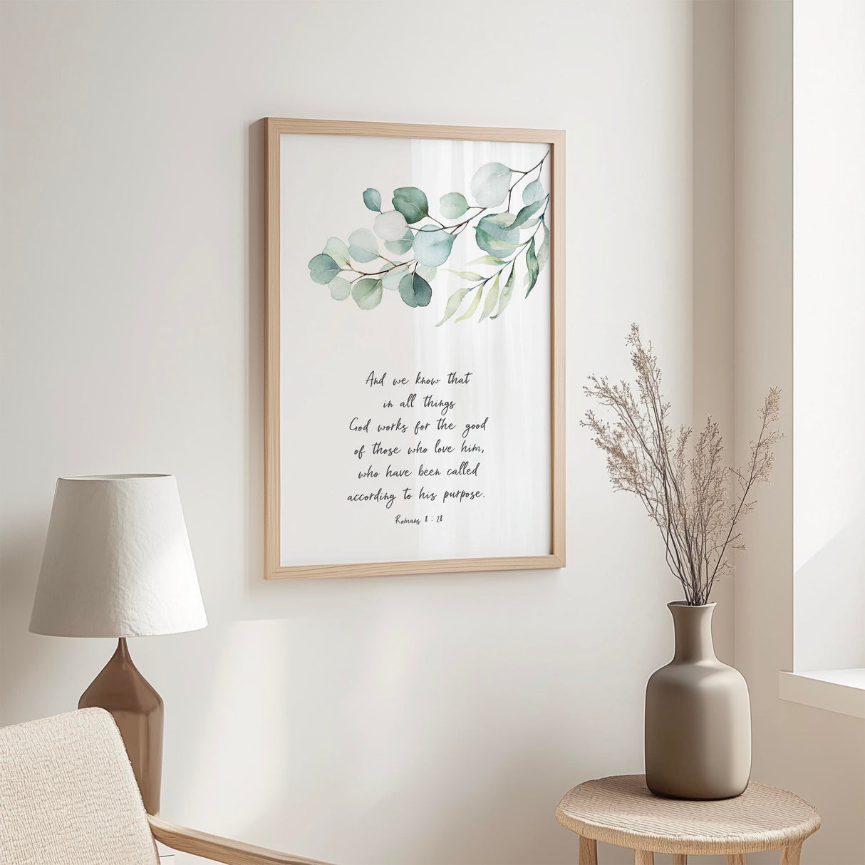 Botanical Christian Romans 8:28 wall art print with faith inspired scripture and natural greenery accents.