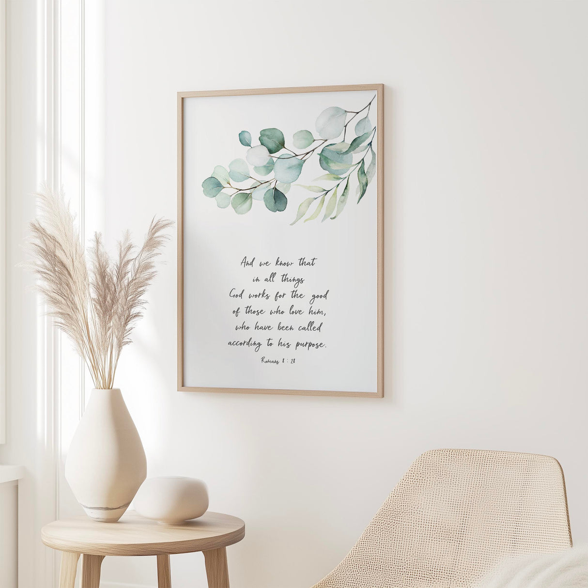 Inspiring Bible verse decor print with Romans 8:28 message and elegant botanical frame.