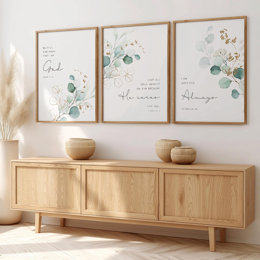 Botanical Bible verse print set of 3 featuring eucalyptus leaves and scriptures from Matthew 28:20, 1 Peter 5:7, and Psalm 46:10.