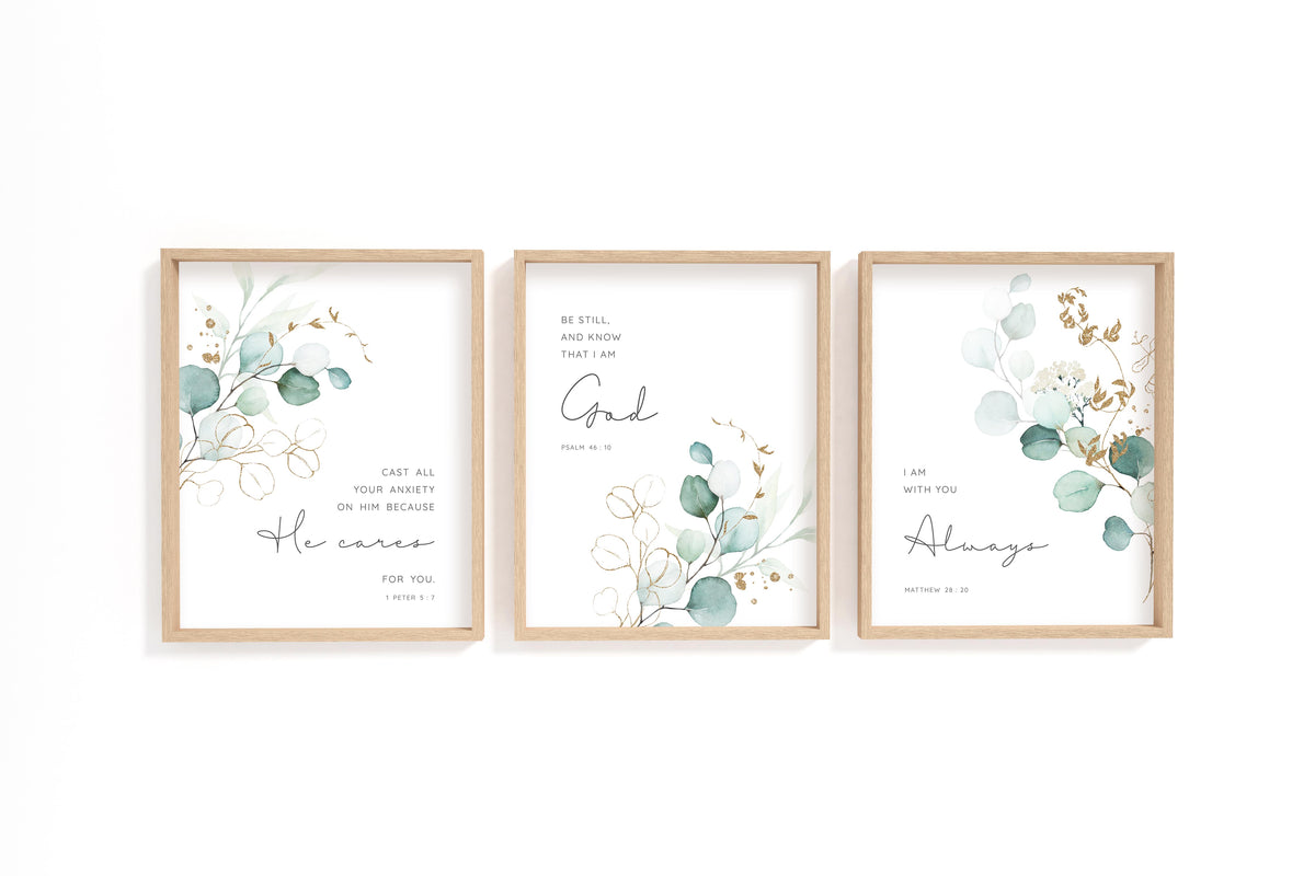 Botanical Bible verse print set of 3 featuring eucalyptus leaves and scriptures from Matthew 28:20, 1 Peter 5:7, and Psalm 46:10.