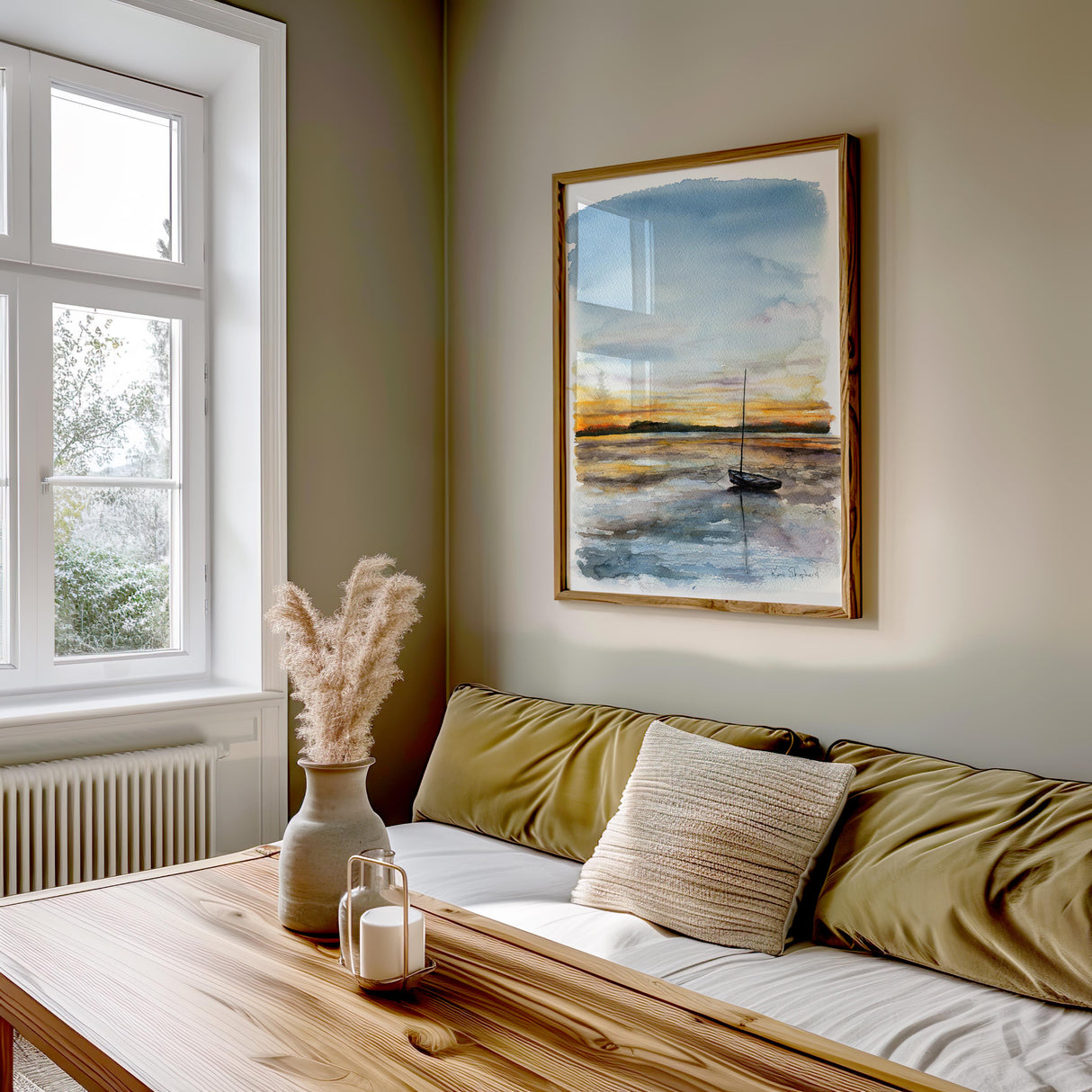 Poole Harbour-inspired artwork depicting a yacht awaiting the tide.